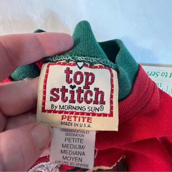 Vintage 90s Top Stitch Red Christmas Cat Kitten Plaid Mock Neck Sweatshirt M - Picture 5 of 11